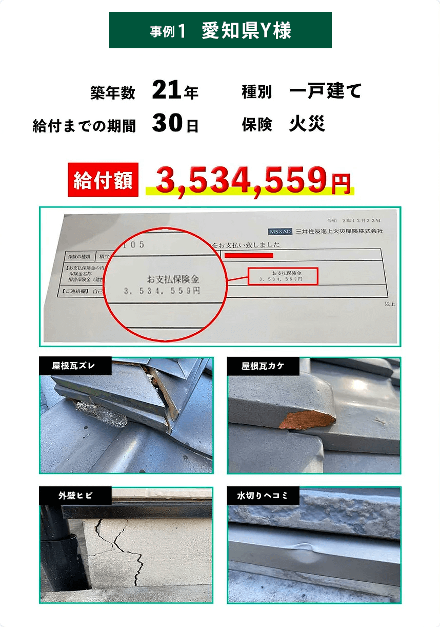 火災保険申請サポート 受給例 愛知県Y様 受給額3,534,559円