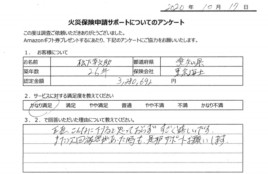 名前：松下幸之助 愛知県 築年数26年 保険会社：東京海上 認定金額 3,280,692円 感想：正直こんなに下りると思っておらず、すごく嬉しいです。また次回被害があった時も是非サポートお願いします。